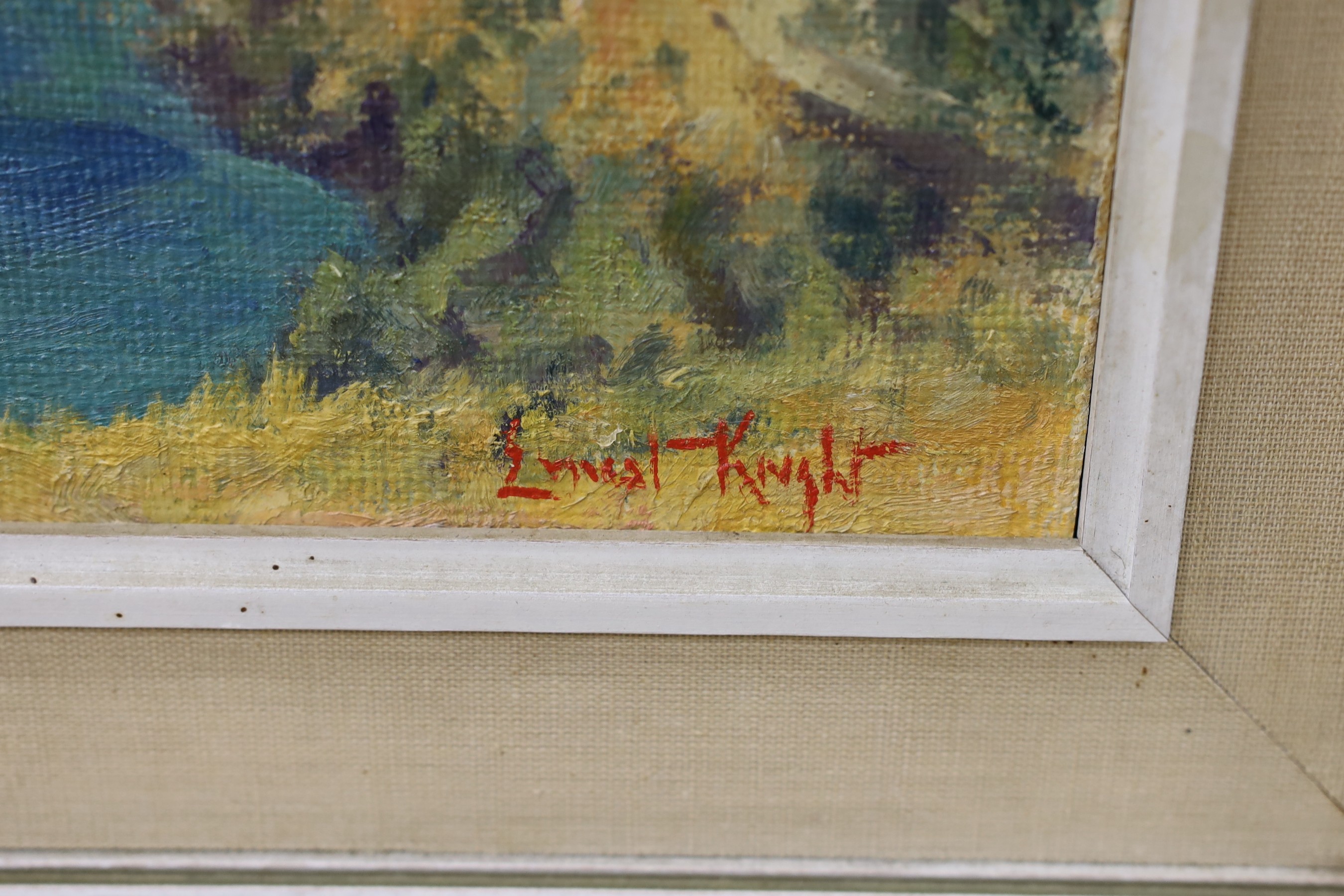 Ernest Knight (1915-1995), oil on board, 'St Paul's Bay, Lindos, Rhodes', signed, 32 x 83cm